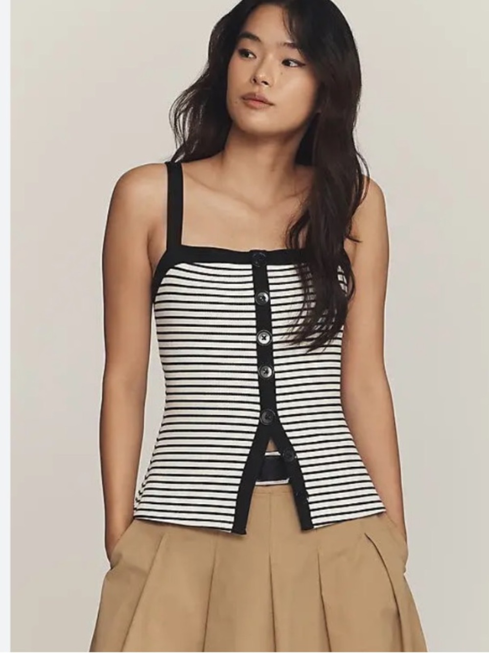 Anthropologie Like New White Black Striped Ribbed Knit Tank Top Size Large